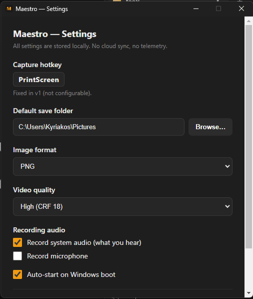 Maestro settings window