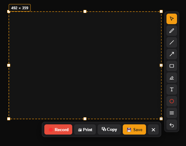 Maestro region capture with annotation tools and a Record, Print, Copy, Save bar
